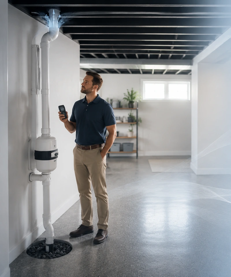clean modern basement radon mitigation inspection home interior educational service scene